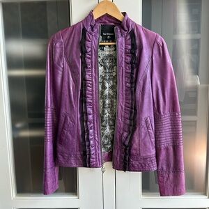 Vintage Royal Underground Purple Leather Jacket Sheer Black Ruffle-Ornate Button
